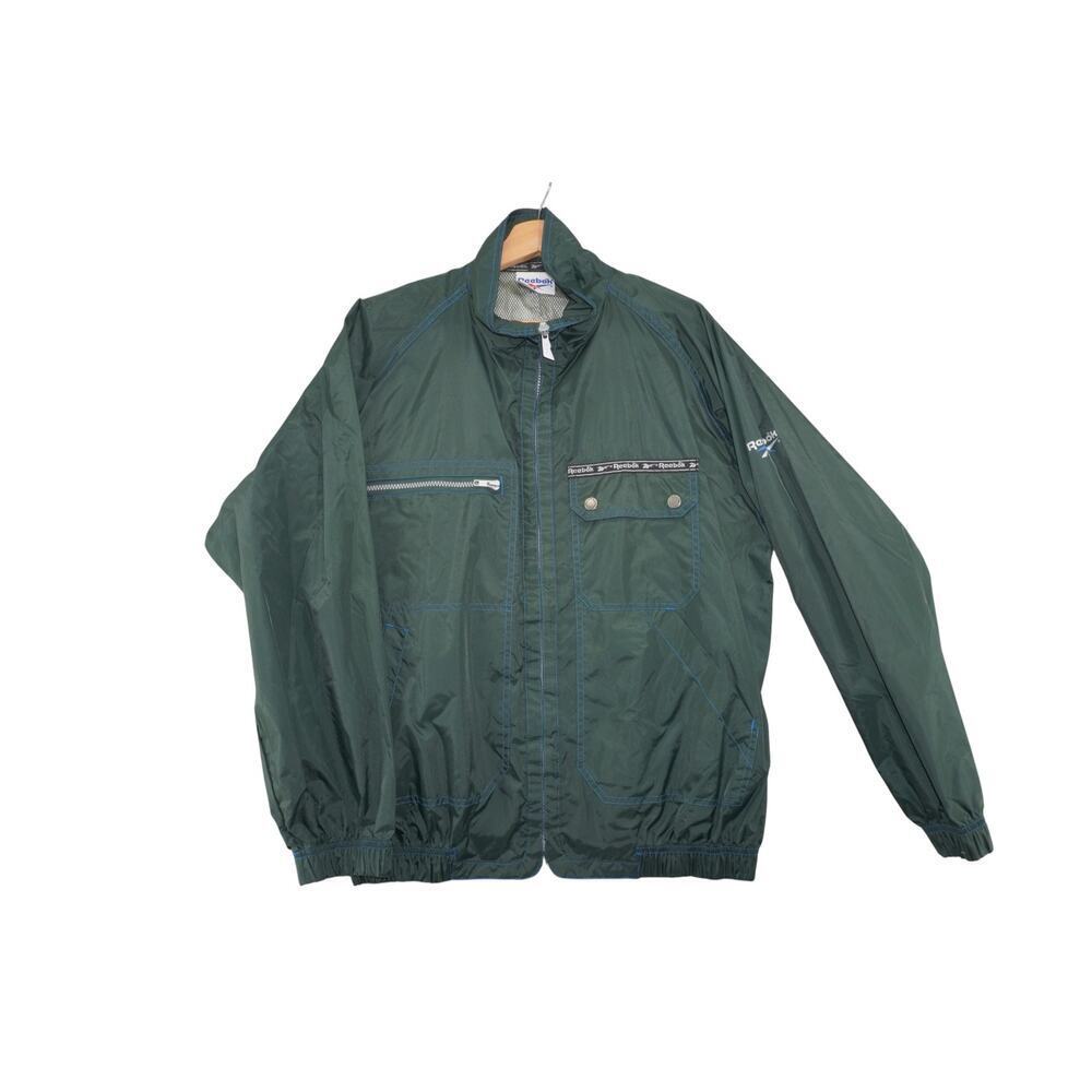 Vintage Reebok Green Windbreaker Track Jacket Mesh Lined Logo Tape Size 3
